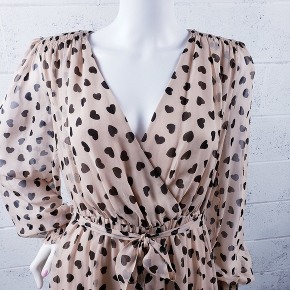 KATE SPADE Heartbeat Silk Faux Wrap Dress Tan Black Hearts Belted V-Neck Size 10 - Picture 5 of 14